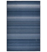 Blue striped rug in machine washable fabric.